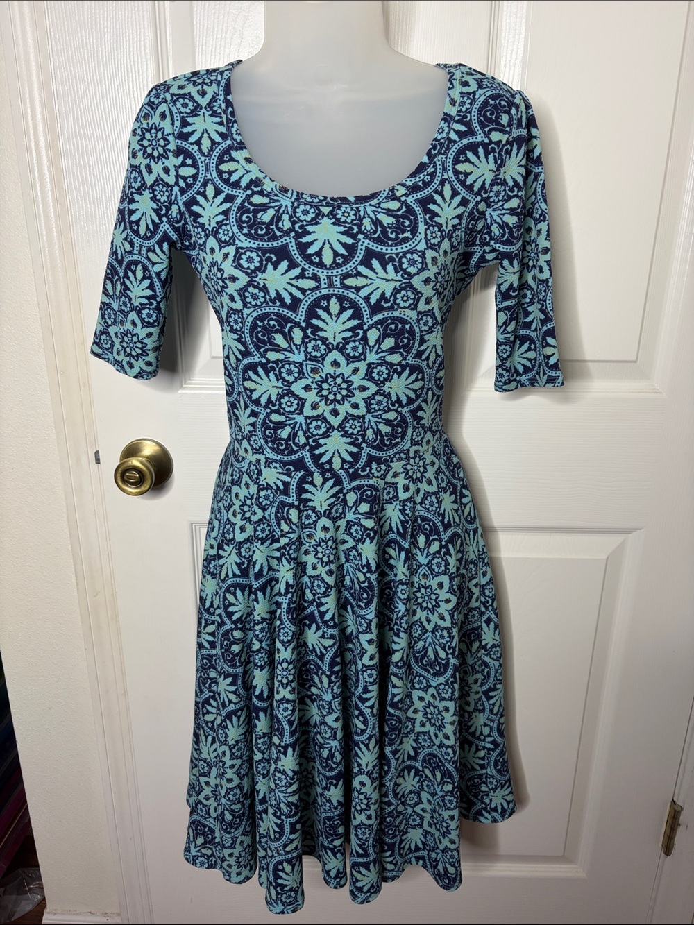 LuLaRoe Navy and Aqua Fit-and-Flare Midi Dress